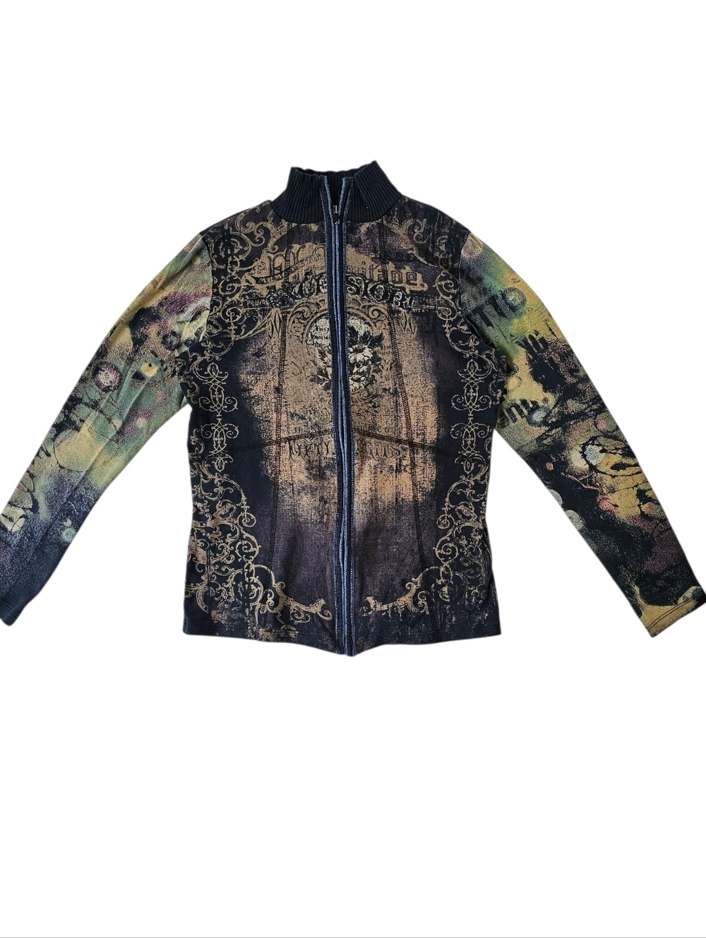 Y2k Skinny Minnie Black Zip Front Graphic Mock Neck Jacket